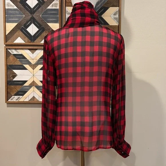 Vintage Ralph Lauren Collection Silk Plaid Button-Up Top Blouse Red / Black 6 - Picture 5 of 12